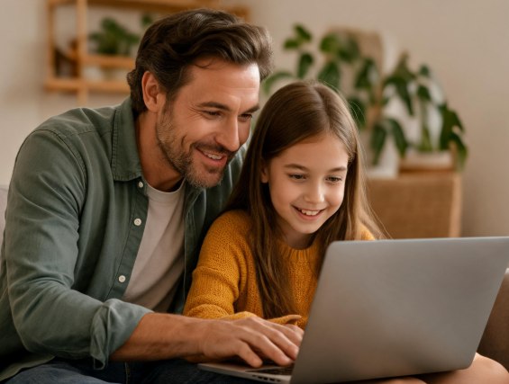 Father and daughter safely exploring online together